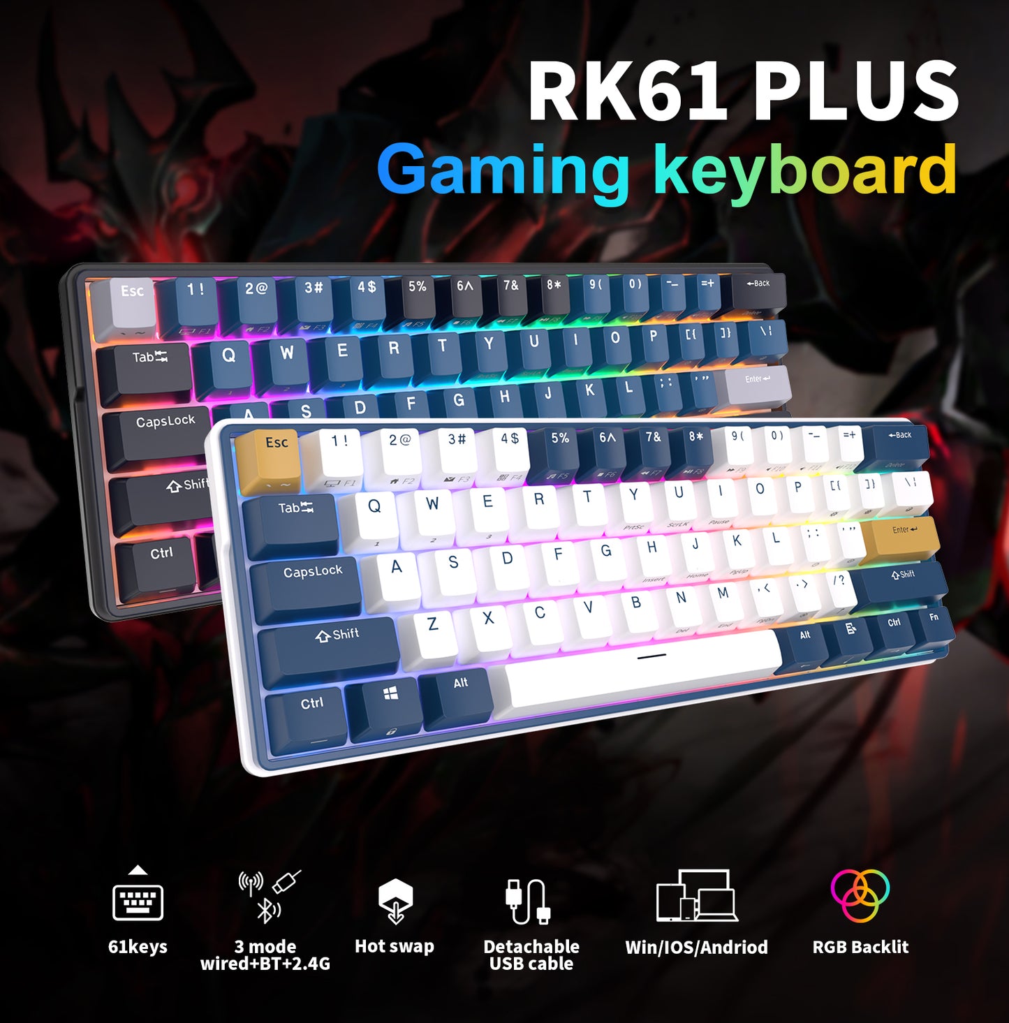 Royal Kludge RK61 Plus Tri Mode - Mechanisch RGB Gaming Toetsenbord met 61 Keys - 60% Lay-out
