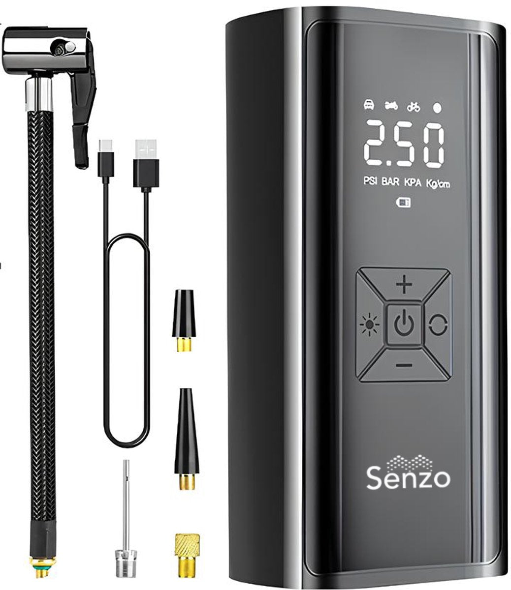 Senzo Elektrische Fietspomp - Luchtcompressor - Bandenpomp - Ballenpomp - Voor Fiets, Scooter & Auto - 6000 mAh