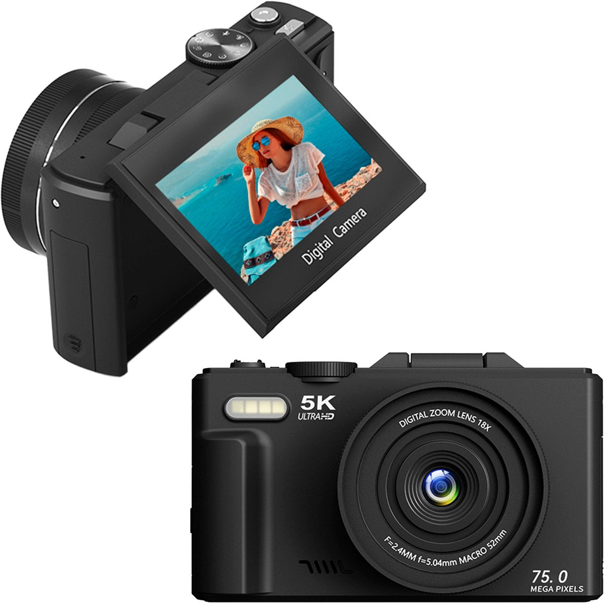Digitale 5K Camera met WiFi - 75MP - 18 x Zoom - 60FPS - Fotocamera - Video Camera - Incl. 64GB SD-Kaart