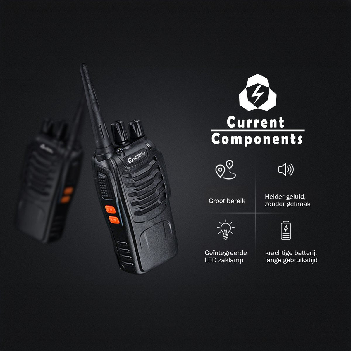 Current Components 88E Portofoon - 6 Stuks Walkie Talkie - Oplaadstation - Communicatiemiddel - Met Oortjes - 0,5W - 2,5km Bereik - 446 Mhz - Zaklamp functie
