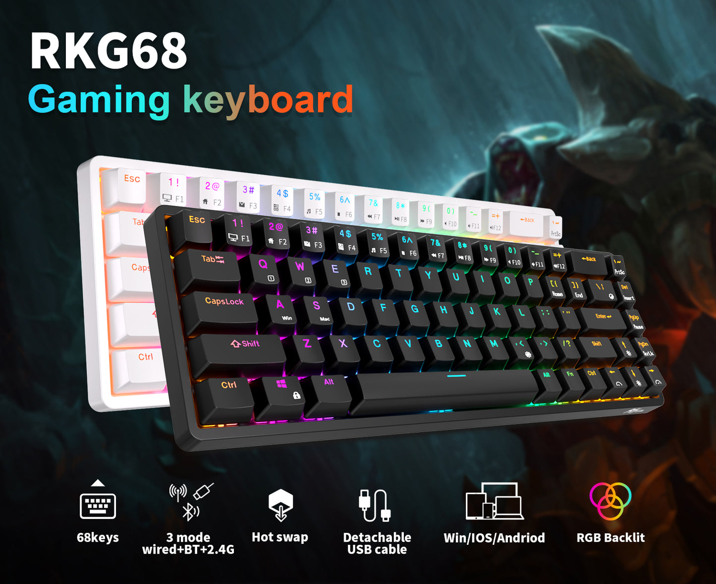 Royal Kludge RKG68 - Draadloos Mechanisch Toetsenbord - RGB - 65% Lay-out - 2,4GHz