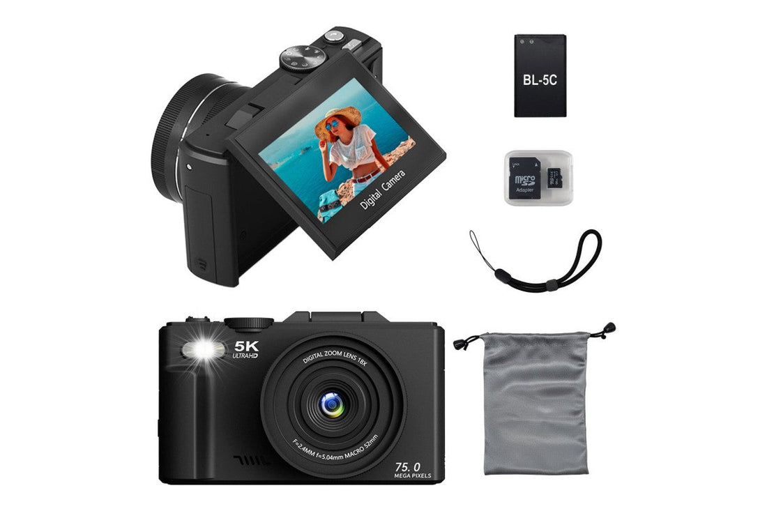 Digitale 5K Camera met WiFi - 75MP - 18 x Zoom - 60FPS - Fotocamera - Video Camera - Incl. 64GB SD-Kaart