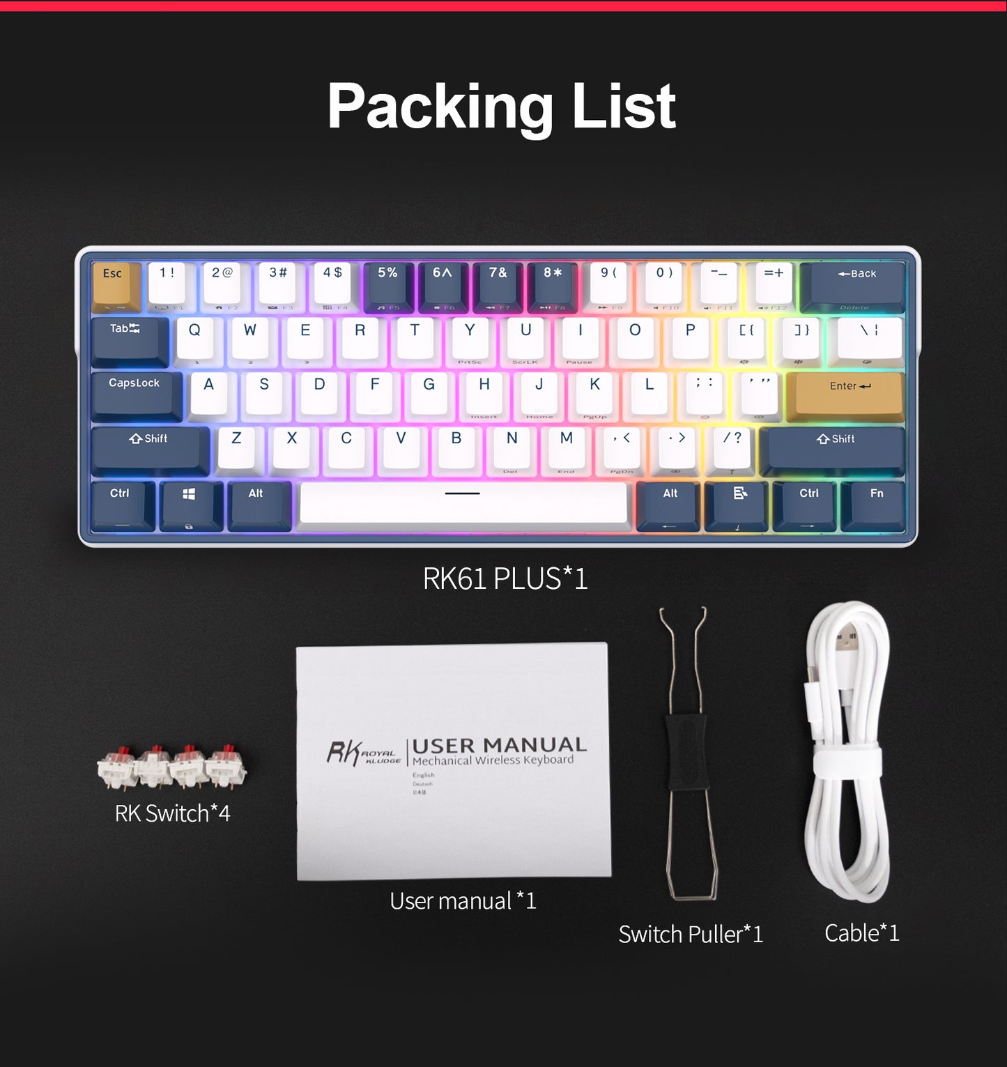 Royal Kludge RK61 Plus Tri Mode - Mechanisch RGB Gaming Toetsenbord met 61 Keys - 60% Lay-out