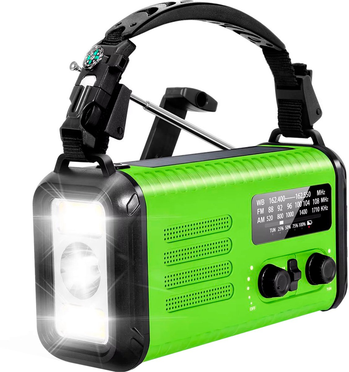 Noodradio - Solar Opwindbaar - 180 Uur Batterij - Met Zwengel - Noodpakket - Draagbare Radio - 20.000 mAh - Met Zonnepaneel - Inclusief Vuurstarter