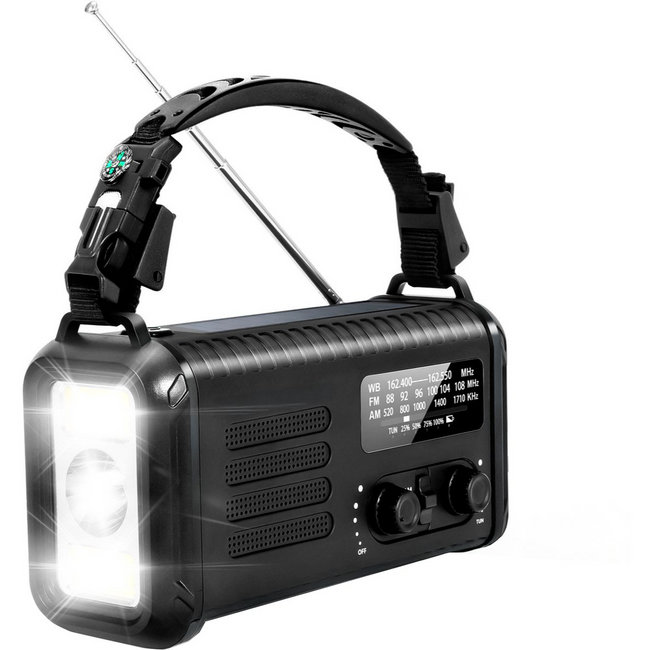 Noodradio - Solar Opwindbaar - 180 Uur Batterij - Met Zwengel - Noodpakket - Draagbare Radio - 20.000 mAh - Met Zonnepaneel - Inclusief Vuurstarter