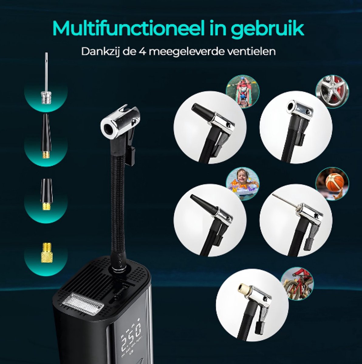 Senzo Elektrische Fietspomp - Luchtcompressor - Bandenpomp - Ballenpomp - Voor Fiets, Scooter & Auto - 6000 mAh