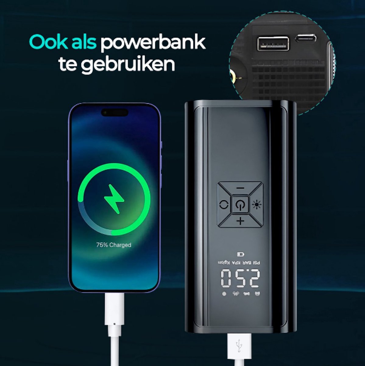 Senzo Elektrische Fietspomp - Luchtcompressor - Bandenpomp - Ballenpomp - Voor Fiets, Scooter & Auto - 6000 mAh