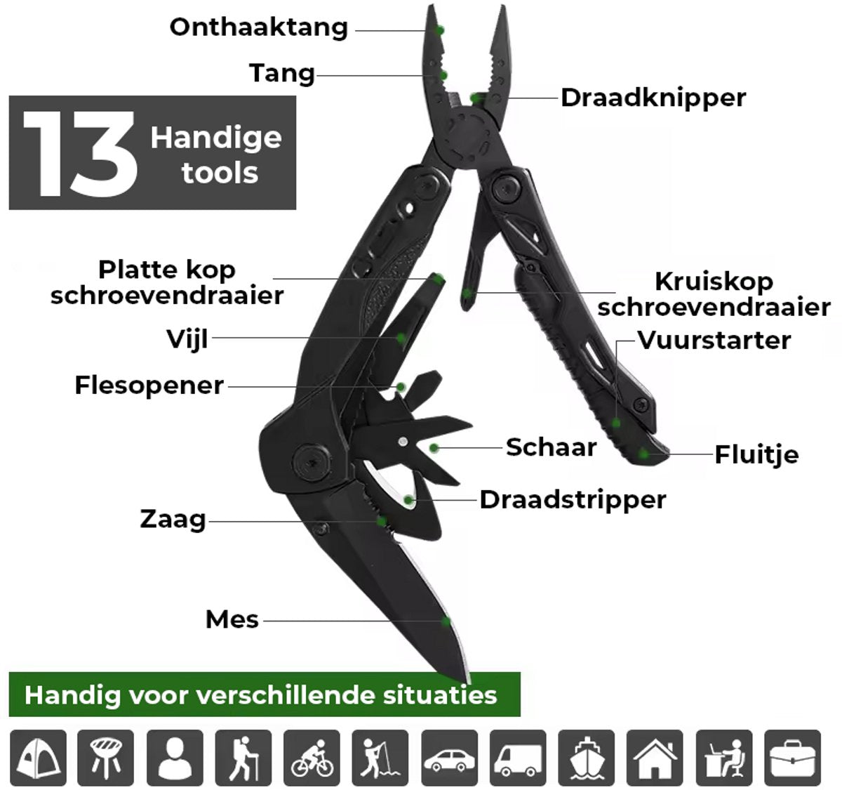 Senzo Multitool Zakmes - Survival - Multifunctioneel Zakmes - 14-in-1 - Schroevendraaier - Vuurstarter