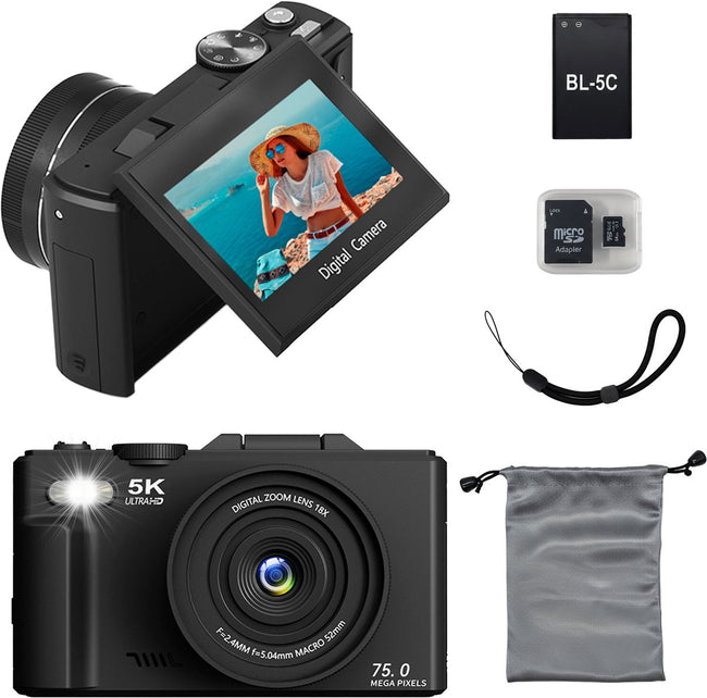 Digitale 5K Camera met WiFi - 75MP - 18 x Zoom - 60FPS - Fotocamera - Video Camera - Incl. 64GB SD-Kaart