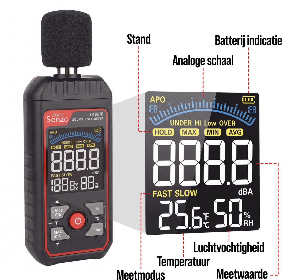 Senzo Decibelmeter - dB Meter - Geluidsmeter - Vochtigheidsmeter - 30 tot 130 dB - Incl. Batterijen