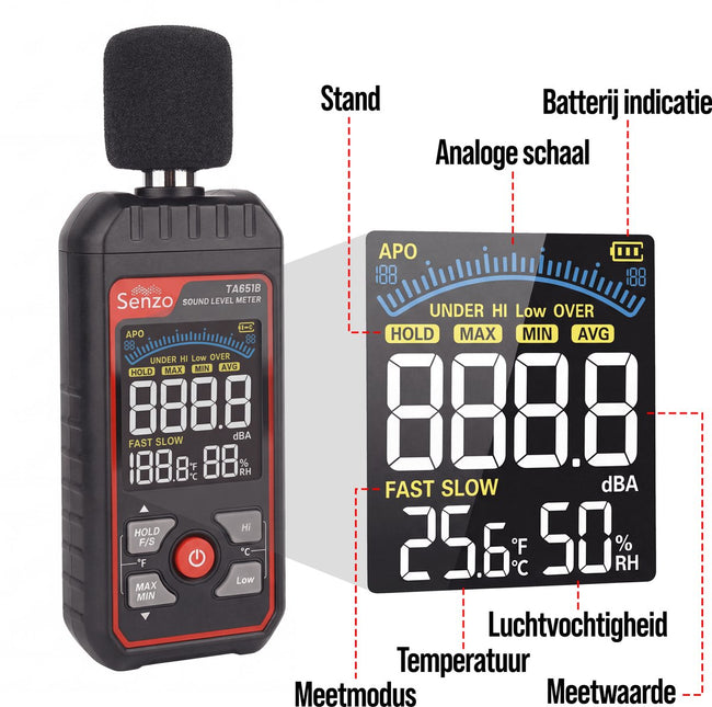 Senzo Decibelmeter - dB Meter - Geluidsmeter - Vochtigheidsmeter - 30 tot 130 dB - Incl. Batterijen