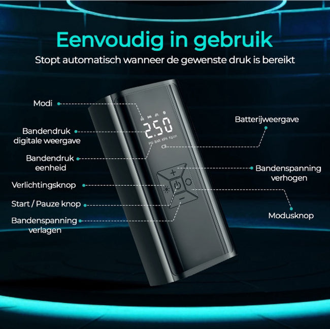 Senzo Elektrische Fietspomp - Luchtcompressor - Bandenpomp - Ballenpomp - Voor Fiets, Scooter & Auto - 6000 mAh