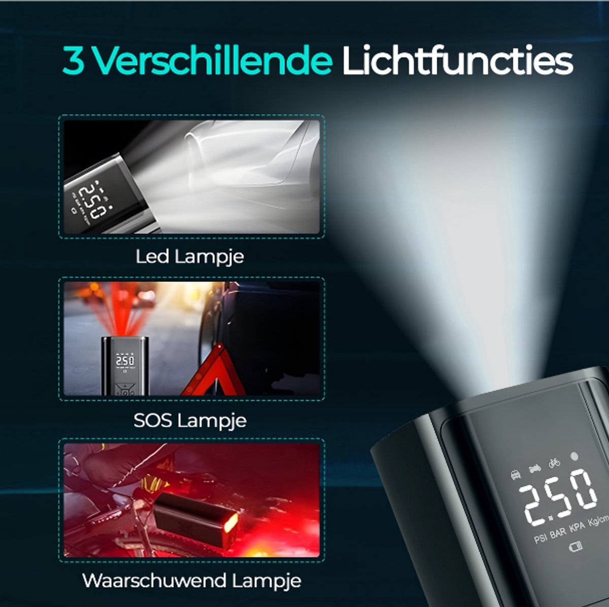 Senzo Elektrische Fietspomp - Luchtcompressor - Bandenpomp - Ballenpomp - Voor Fiets, Scooter & Auto - 6000 mAh