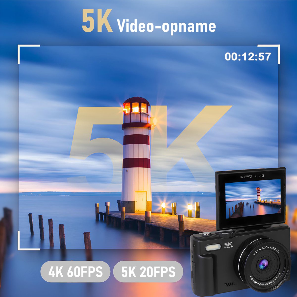Digitale 5K Camera met WiFi - 75MP - 18 x Zoom - 60FPS - Fotocamera - Video Camera - Incl. 64GB SD-Kaart