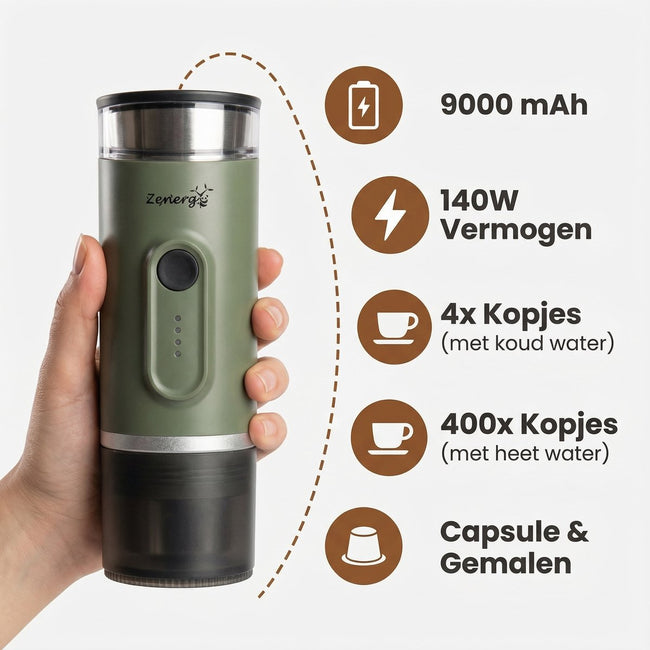 Zenergy - Draagbaar Koffiezetapparaat - Draagbare Koffiemachine - Cups en Gemalen Koffie - Espressomachine