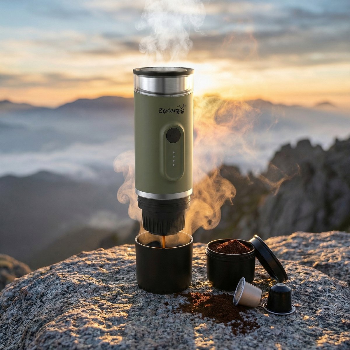 Zenergy - Draagbaar Koffiezetapparaat - Draagbare Koffiemachine - Cups en Gemalen Koffie - Espressomachine