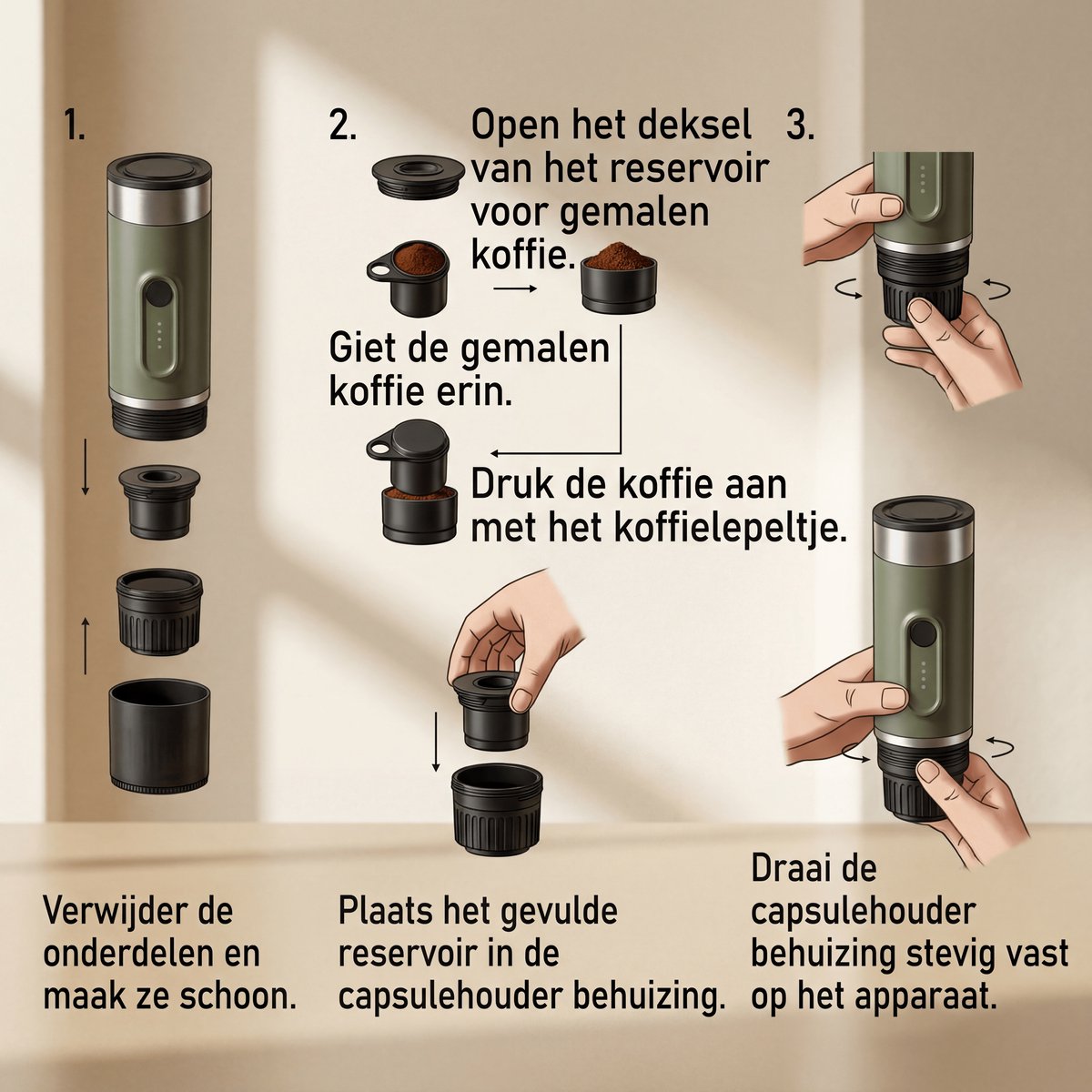 Zenergy - Draagbaar Koffiezetapparaat - Draagbare Koffiemachine - Cups en Gemalen Koffie - Espressomachine