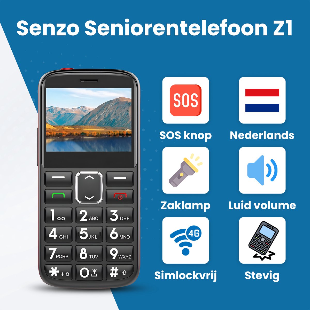 Senzo Senioren Telefoon - 4G - SOS-knop - Camera - GSM