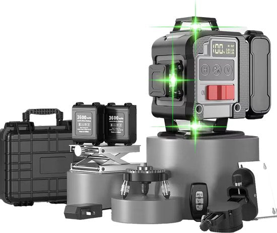 4D Kruislijnlaser - Incl draagkoffer - 4 tot 16 lijnen - Zelfnivellerend - 50 meter bereik - Met 2 batterijen - 360° Sch