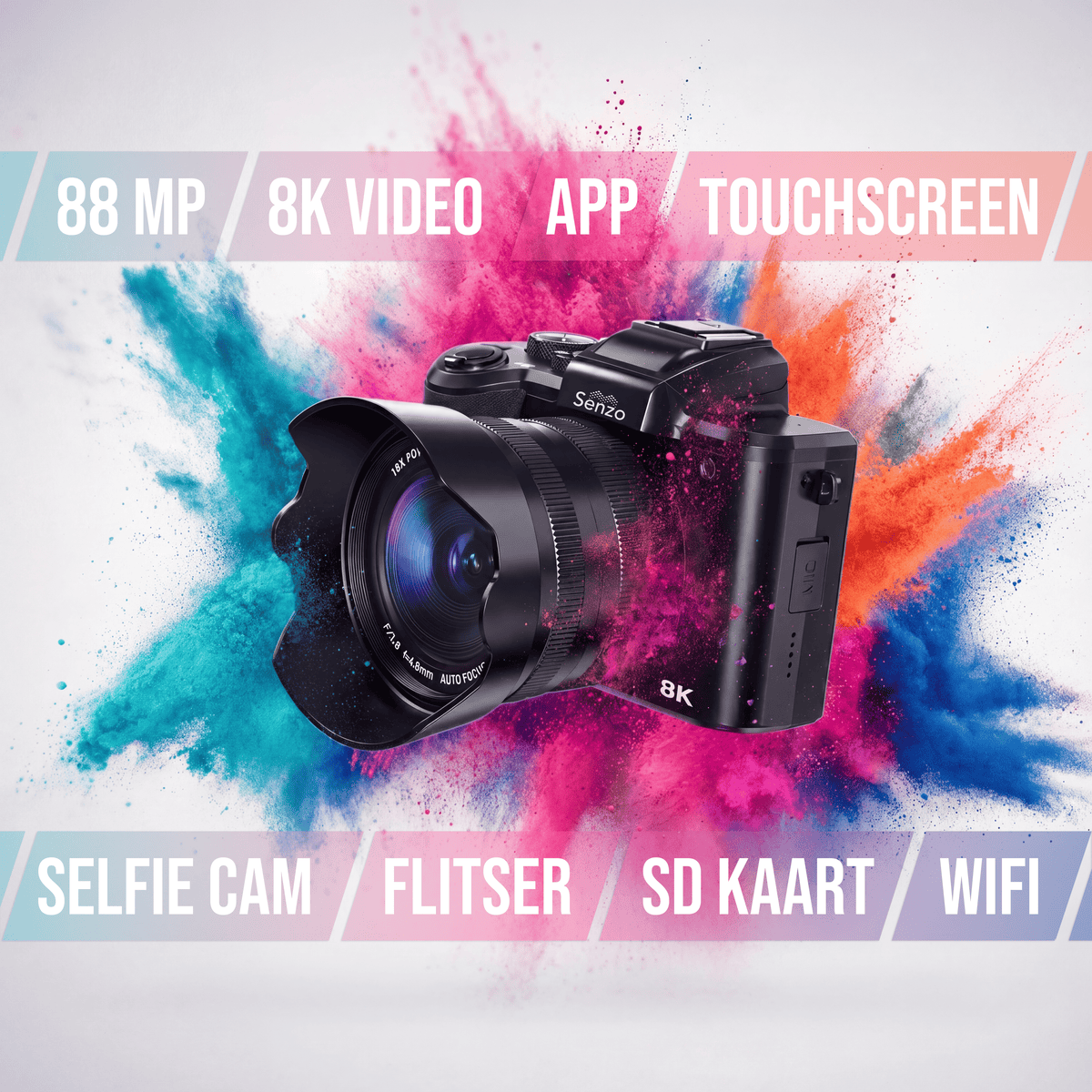 Senzo Digitale Camera 8K met WiFi - 88MP - 16 x Zoom - 60FPS - HDR - Fotocamera - Fototoestel - Compact Camera - Vlog Ca