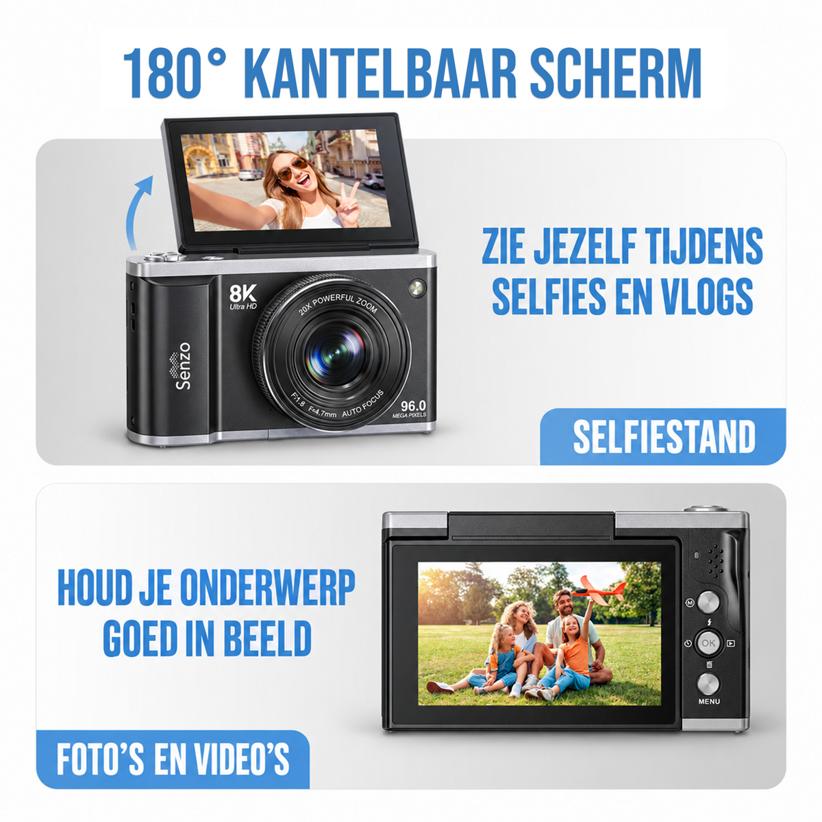 Senzo Digitale Camera 8K met WiFi - 96MP - 20 x Zoom - 60FPS - HDR - 2 x Accu - Fotocamera - Fototoestel - Compact Camer