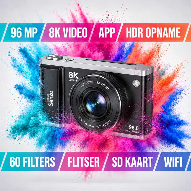 Senzo Digitale Camera 8K met WiFi - 96MP - 20 x Zoom - 60FPS - HDR - 2 x Accu - Fotocamera - Fototoestel - Compact Camer