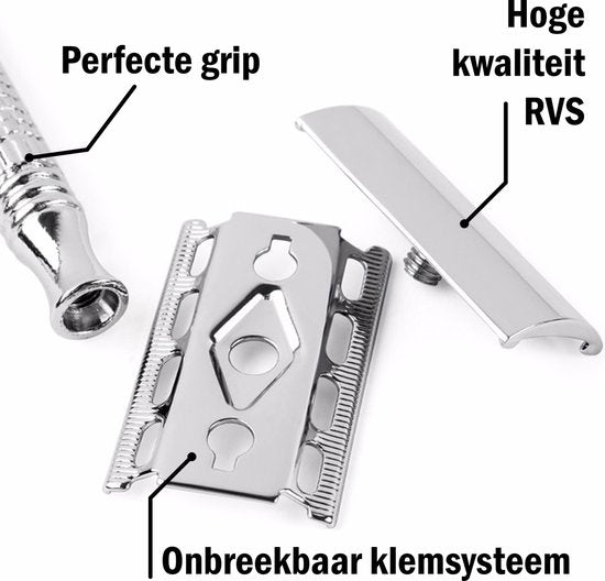 Safety razor QSHAVE + 5 titanium scheermesjes – dubbelzijdig scheermes voor mannen en vrouwen – klassiek scheermes