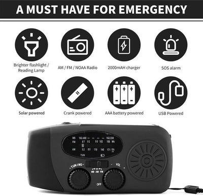 Noodradio - Noodradio Opwindbaar - 2000 mAh - Noodradio Solar Opwindbaar - Oplaadbaar & Op Batterijen - Powerbank - Sola