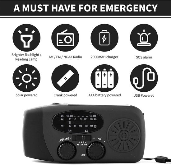 Noodradio - Noodradio Opwindbaar - 2000 mAh - Noodradio Solar Opwindbaar - Oplaadbaar & Op Batterijen - Powerbank - Sola