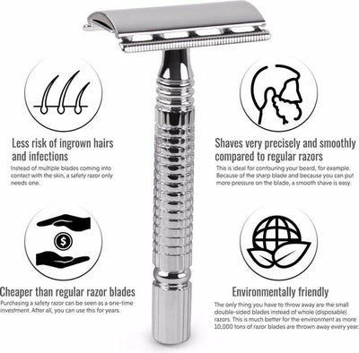 Safety razor QSHAVE + 5 titanium scheermesjes – dubbelzijdig scheermes voor mannen en vrouwen – klassiek scheermes