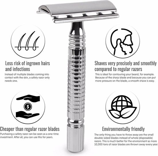 Safety razor QSHAVE + 5 titanium scheermesjes – dubbelzijdig scheermes voor mannen en vrouwen – klassiek scheermes