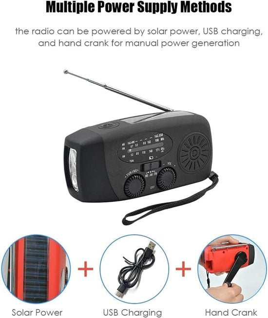 Noodradio - Noodradio Opwindbaar - 2000 mAh - Noodradio Solar Opwindbaar - Oplaadbaar & Op Batterijen - Powerbank - Sola