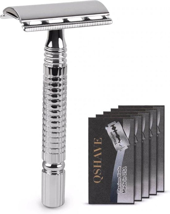 Safety razor QSHAVE + 5 titanium scheermesjes – dubbelzijdig scheermes voor mannen en vrouwen – klassiek scheermes