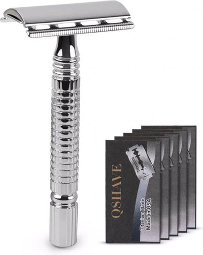 Safety razor QSHAVE + 5 titanium scheermesjes – dubbelzijdig scheermes voor mannen en vrouwen – klassiek scheermes