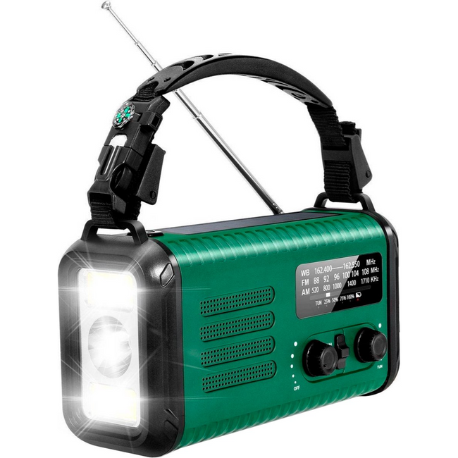 Noodradio - Solar Opwindbaar - 180 Uur Batterij - Met Zwengel - Noodpakket - Draagbare Radio - 20.000 mAh - Met Zonnepaneel - Inclusief Vuurstarter