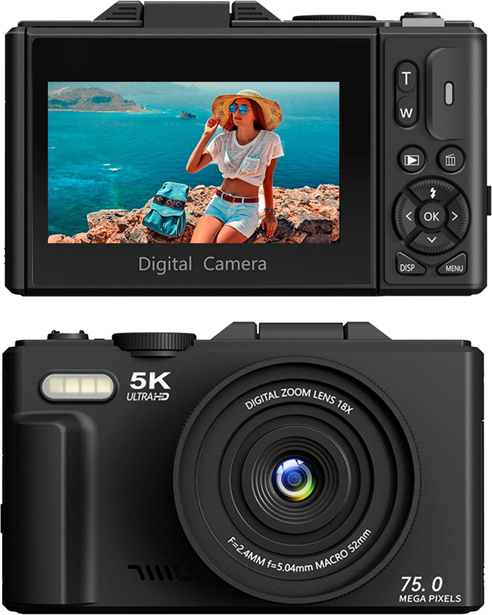 Digitale 5K Camera met WiFi - 75MP - 18 x Zoom - 60FPS - Fotocamera - Video Camera - Incl. 64GB SD-Kaart