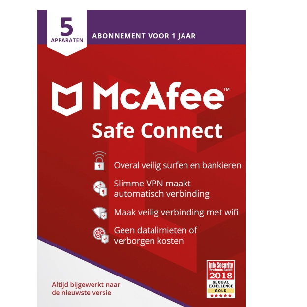 McAfee Safe Connect Premium (VPN) - 5 apparaten - 1 Jaar - Nederlands - Windows / Mac