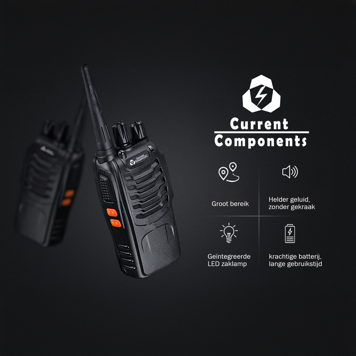 Current Components 88E Portofoon - Walkie Talkie - Communicatiemiddel - Met Oortjes - 0,5W - 2,5km Bereik - 446 Mhz - Zaklamp functie