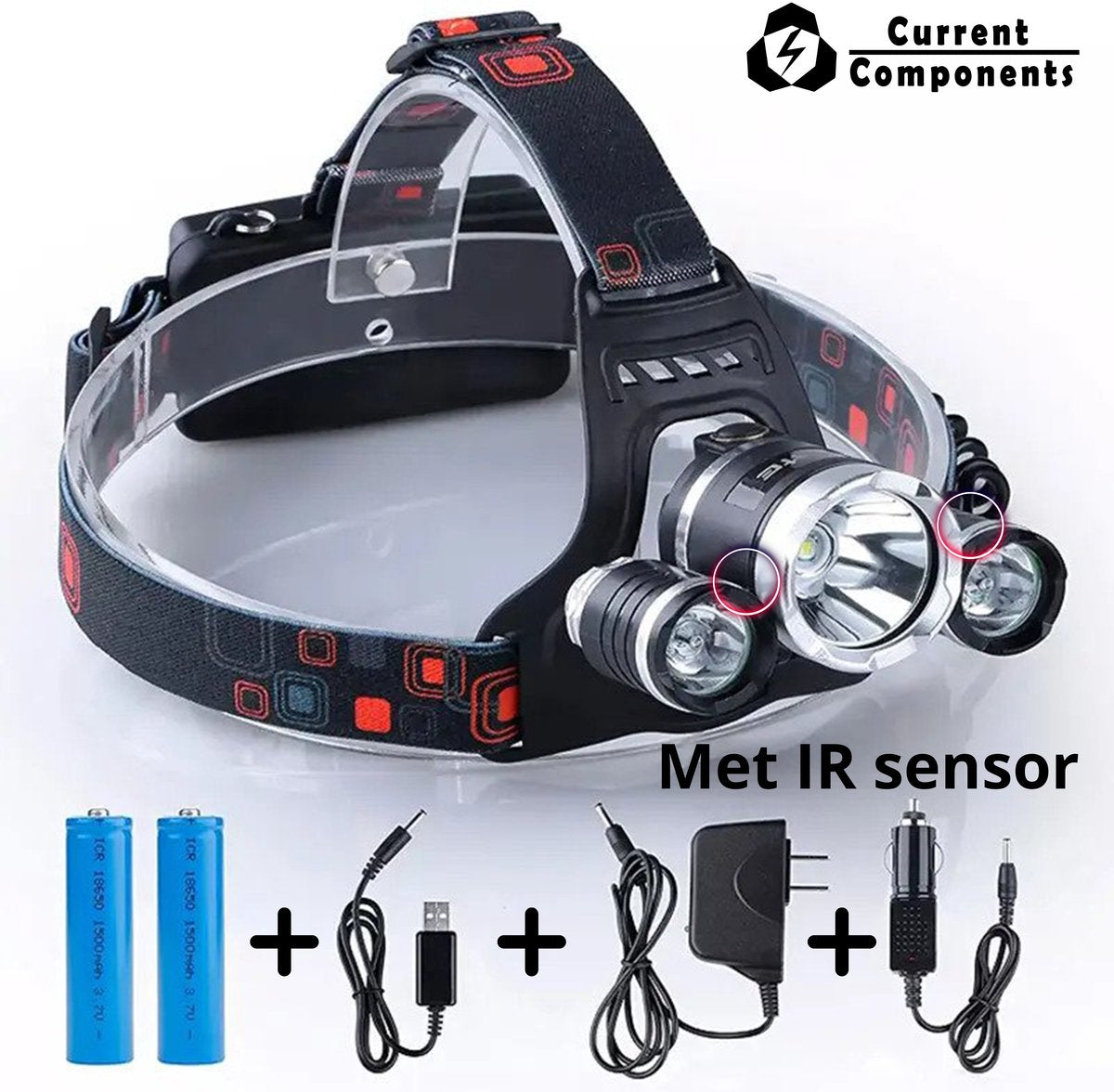 Current Components - Hoofdlamp LED Oplaadbaar - Bewegingssensor - Inclusief Batterijen En Adapters - Kantelbaar