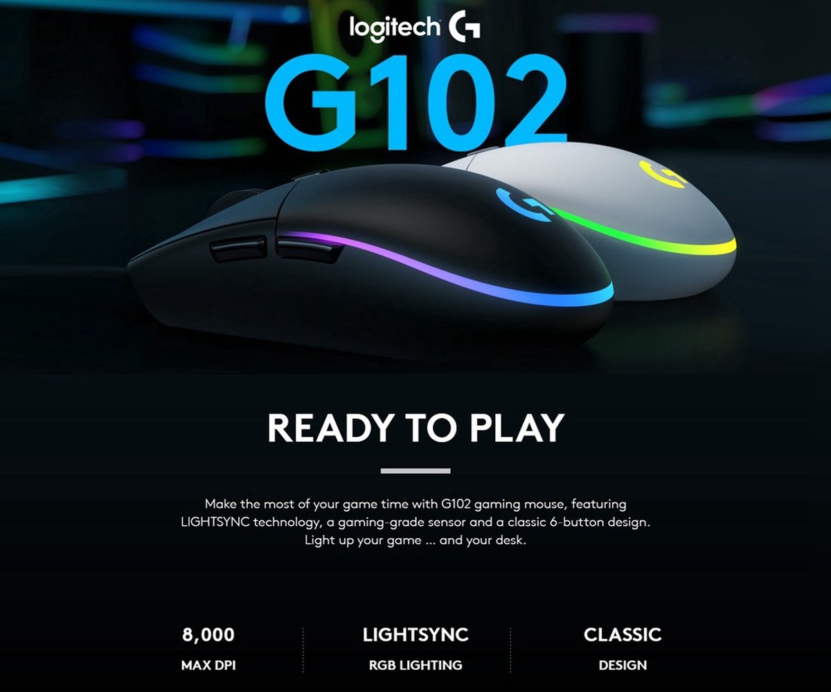Logitech G102 LIGHTSYNC muis -  8000 DPI - Instelbare RGB - 6 buttons lay-out