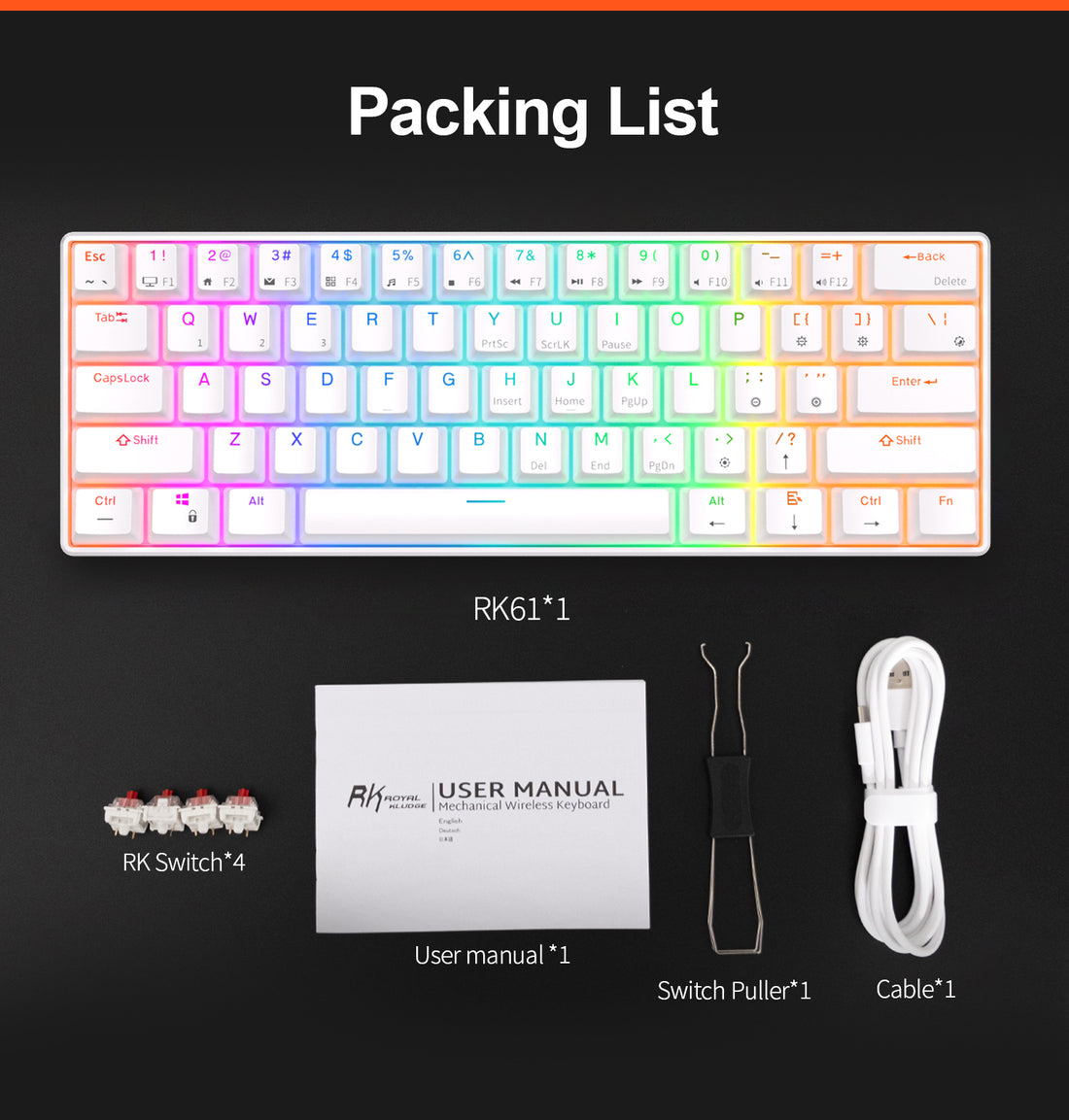 Num Lock Rk61 Royal Kludge RK61 Tri Mode - Mechanisch RGB Gaming Toetsenbord met 61 ...